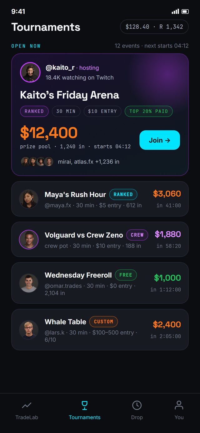 The Sivex tournament lobby on a phone
